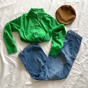 Vintage 60s/70s Sears Bright Green Oversized Collar Button Down Shirt